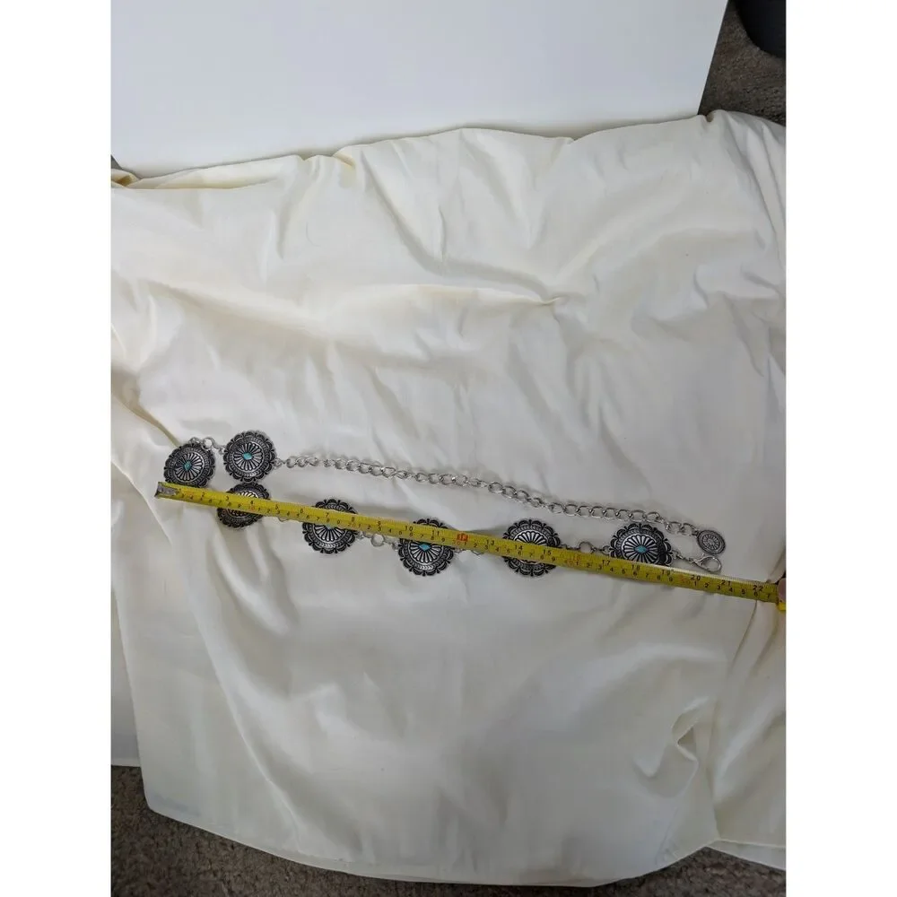 Y2K Boho Layered Silver Turquoise Medallion Detail Chain Belt OS Fits Most